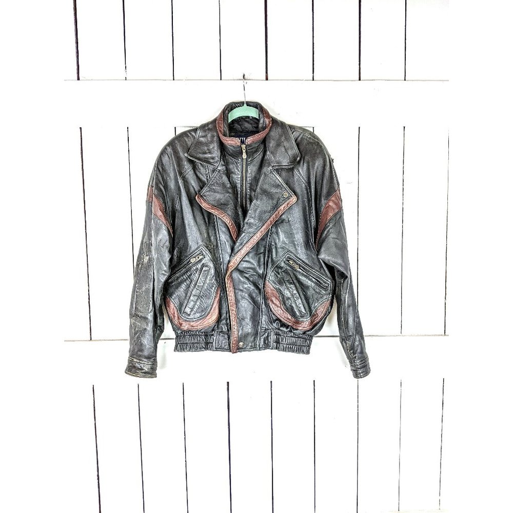 80s vintage black brown leather zipper bomber Dolman sleeve biker jacket